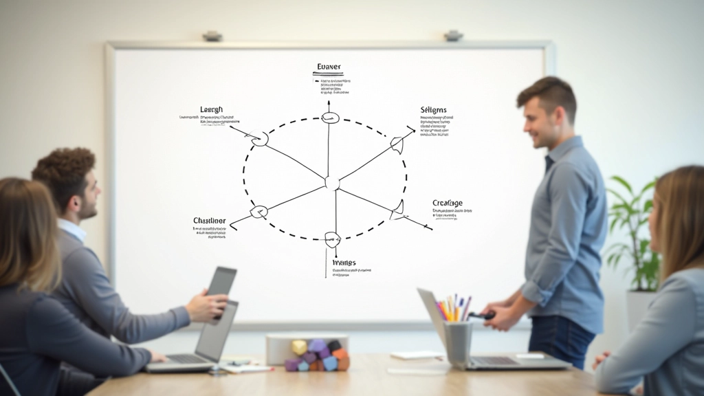Komplexní diagram systému s propojením prvků, whiteboard s linkami a schématem
