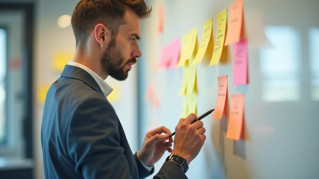 Pracovník si dělá poznámky během workshopu s barevnými lepenkami na stěně